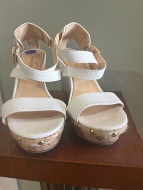 Jessica Simpson White Leather Espadrille Wedge Sandals